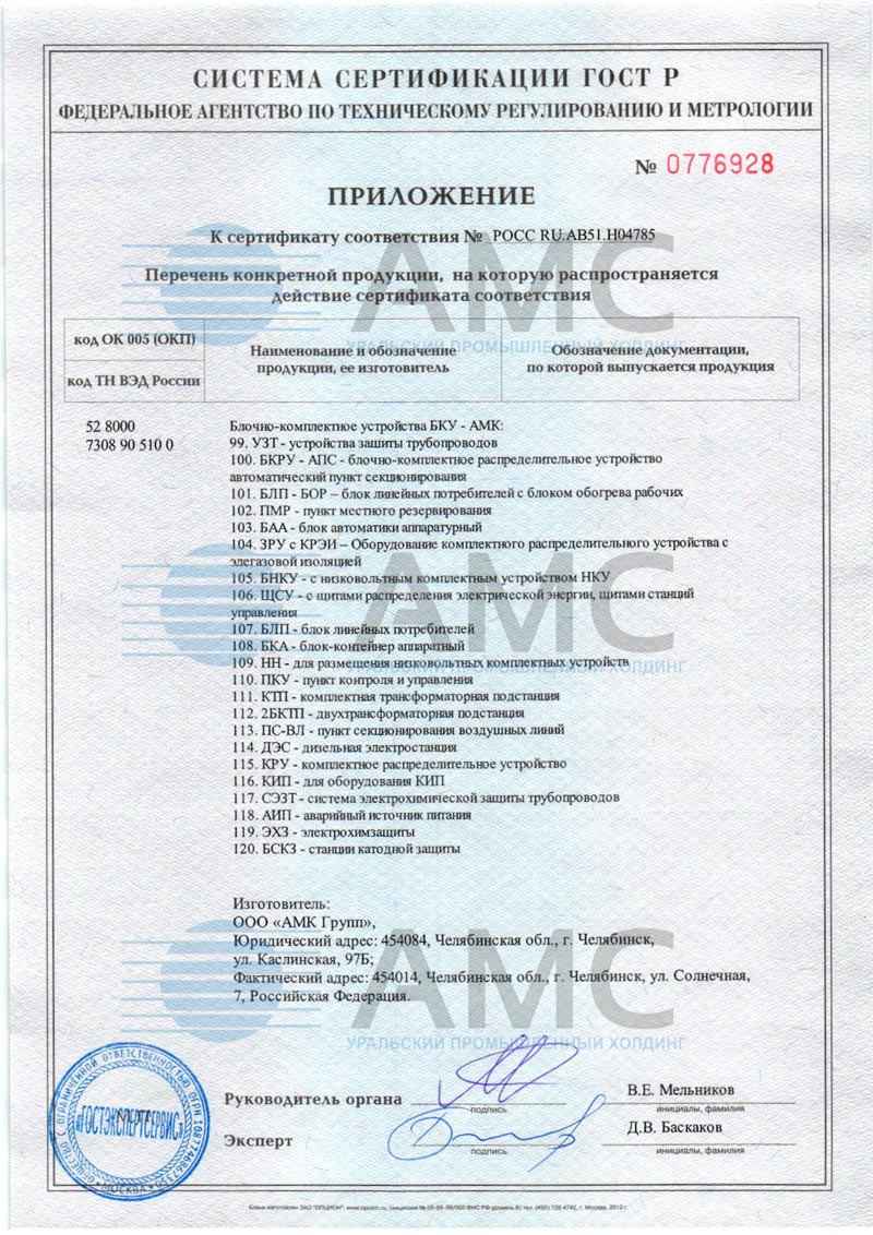 Приложение 5 к сертификату соответствия блочно-комплектное устройства от 16.11.2015 №0059884